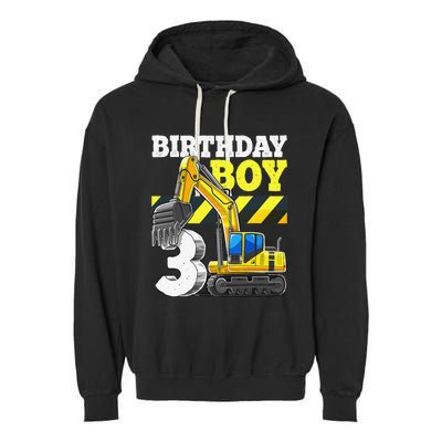 Birthday 3rd Birthday Excavator Construction Vehicle Garment-Dyed Fleece Hoodie