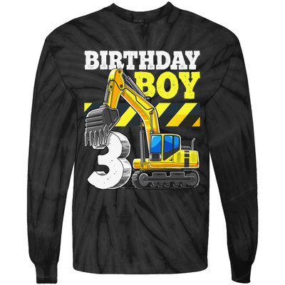 Birthday 3rd Birthday Excavator Construction Vehicle Tie-Dye Long Sleeve Shirt