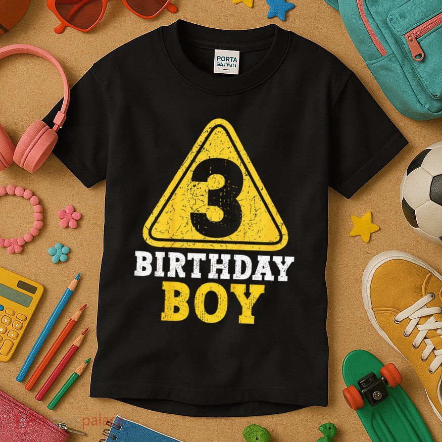 Birthday 3 Three Construction Sign 3rd Birthday (1) Kids T-Shirt