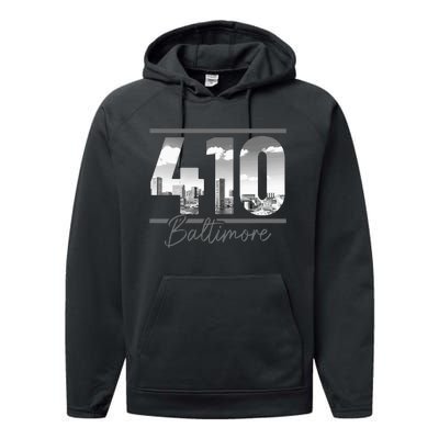 Baltimore 410 Area Code Skyline Maryland Vintage Performance Fleece Hoodie