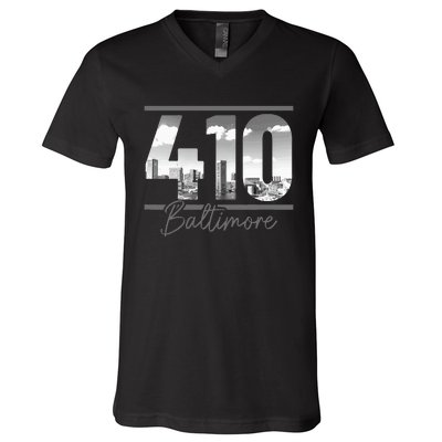 Baltimore 410 Area Code Skyline Maryland Vintage V-Neck T-Shirt