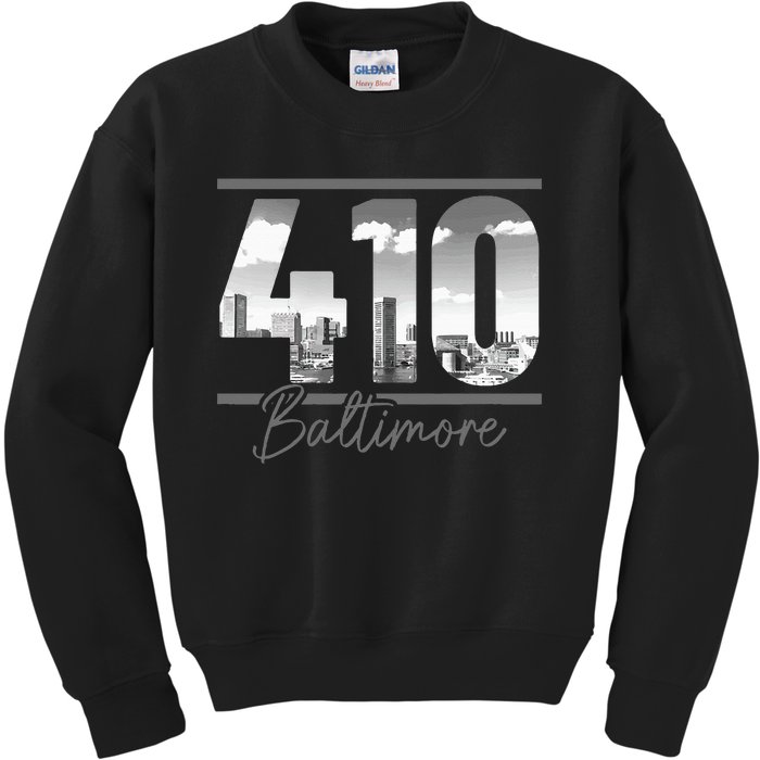 Baltimore 410 Area Code Skyline Maryland Vintage Kids Sweatshirt