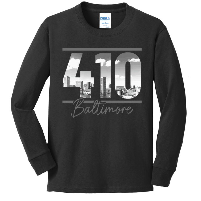 Baltimore 410 Area Code Skyline Maryland Vintage Kids Long Sleeve Shirt