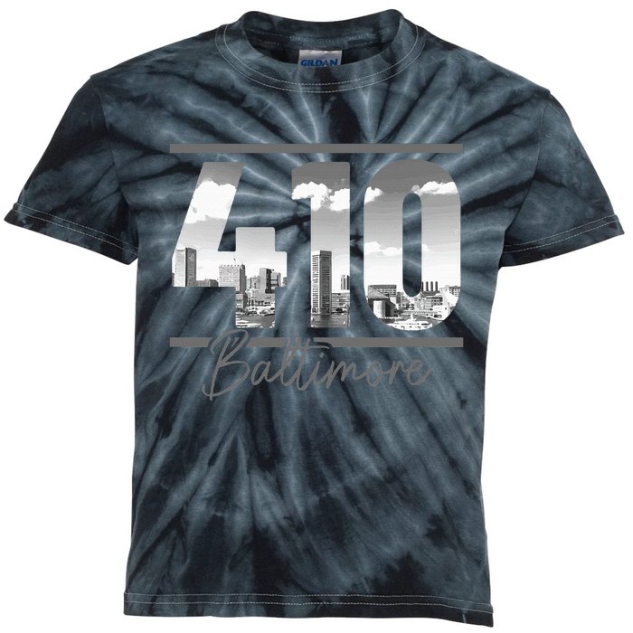 Baltimore 410 Area Code Skyline Maryland Vintage Kids Tie-Dye T-Shirt