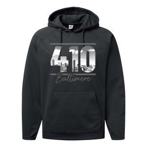 Baltimore 410 Area Code Skyline Maryland Performance Fleece Hoodie