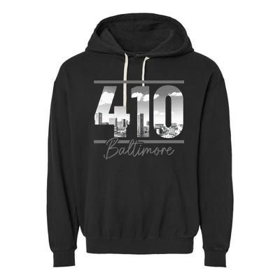 Baltimore 410 Area Code Skyline Maryland Vintage Garment-Dyed Fleece Hoodie