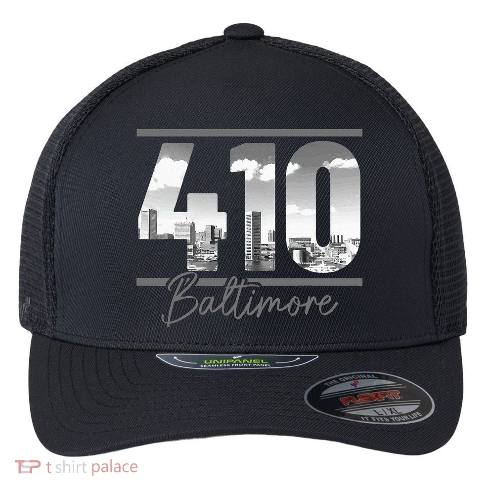 Baltimore 410 Area Code Skyline Maryland Vintage Flexfit Unipanel Trucker Cap