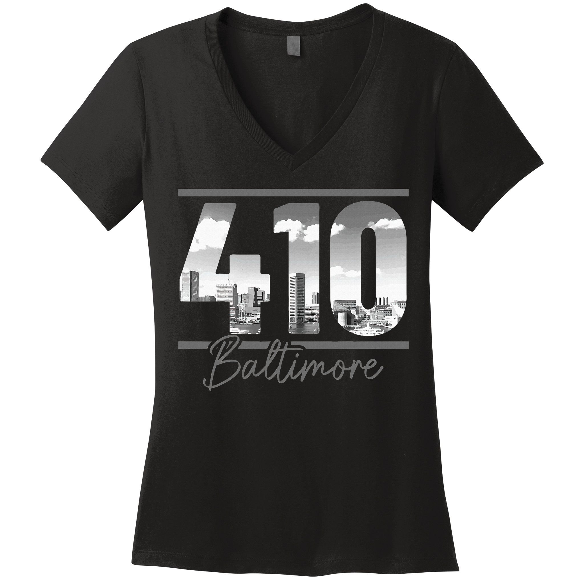 Baltimore 410 Area Code Skyline Maryland Vintage Women's V-Neck T-Shirt