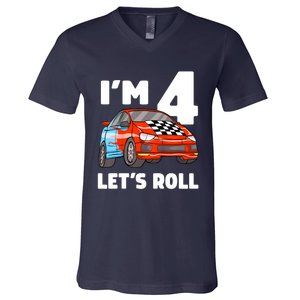 Birthday 4 Four Race Car 4th Birthday Racing Car V-Neck T-Shirt