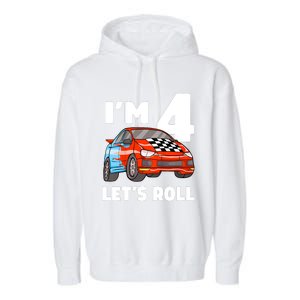 Birthday 4 Four Race Car 4th Birthday Racing Car Garment-Dyed Fleece Hoodie