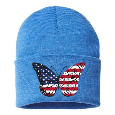 Butterfly 4th Of July American Flag Patriotic Gift Sustainable Knit Beanie