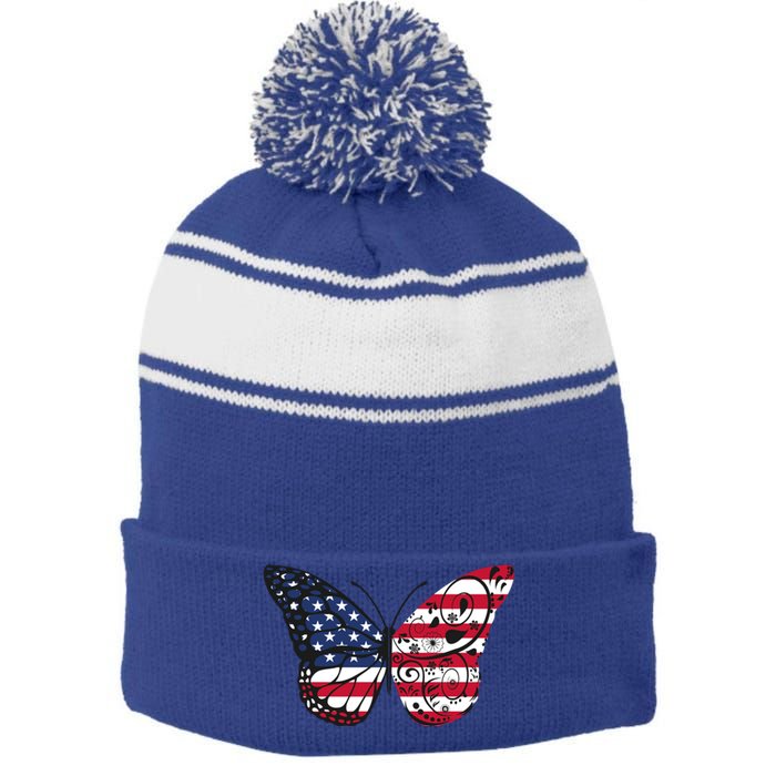 Butterfly 4th Of July American Flag Patriotic Gift Stripe Pom Pom Beanie