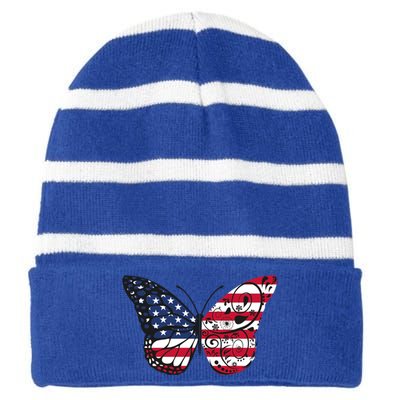 Butterfly 4th Of July American Flag Patriotic Gift Striped Beanie with Solid Band