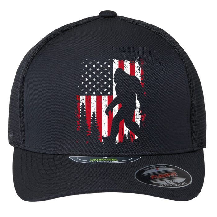 Bigfoot 4th Of July American USA Flag Patriotic Flexfit Unipanel Trucker Cap