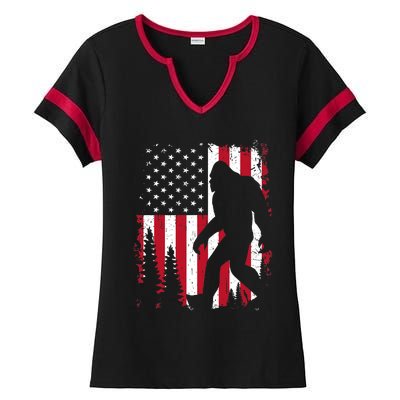 Bigfoot 4th of July American USA Flag Patriotic Ladies Halftime Notch Neck Tee