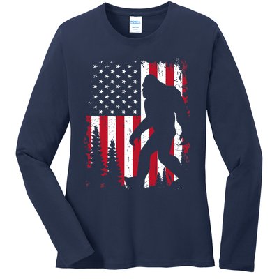 Bigfoot 4th of July American USA Flag Patriotic Ladies Long Sleeve Shirt