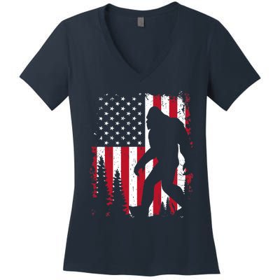 Bigfoot 4th of July American USA Flag Patriotic Women's V-Neck T-Shirt