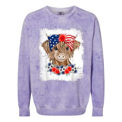 Bleached 4th Of July Long Haired Calf USA Patriotic Cow Colorblast Crewneck Sweatshirt