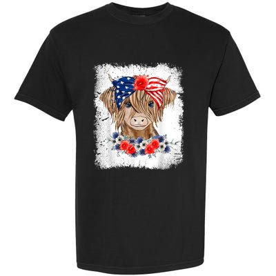 Bleached 4th Of July Long Haired Calf USA Patriotic Cow Garment-Dyed Heavyweight T-Shirt