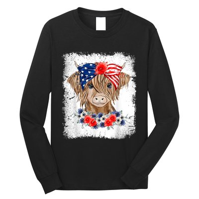 Bleached 4th Of July Long Haired Calf USA Patriotic Cow Long Sleeve Shirt