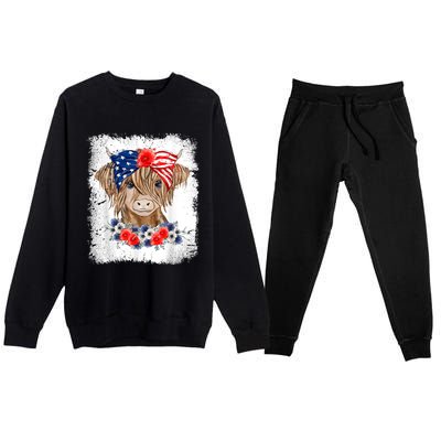 Bleached 4th Of July Long Haired Calf USA Patriotic Cow Premium Crewneck Sweatsuit Set