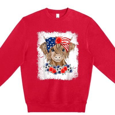 Bleached 4th Of July Long Haired Calf USA Patriotic Cow Premium Crewneck Sweatshirt