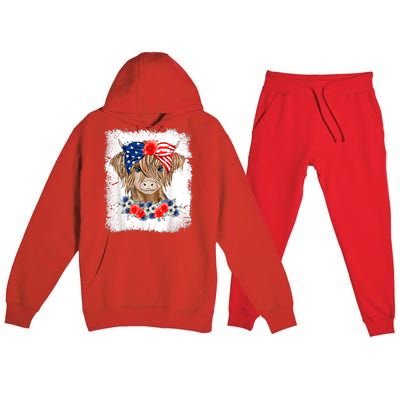 Bleached 4th Of July Long Haired Calf USA Patriotic Cow Premium Hooded Sweatsuit Set