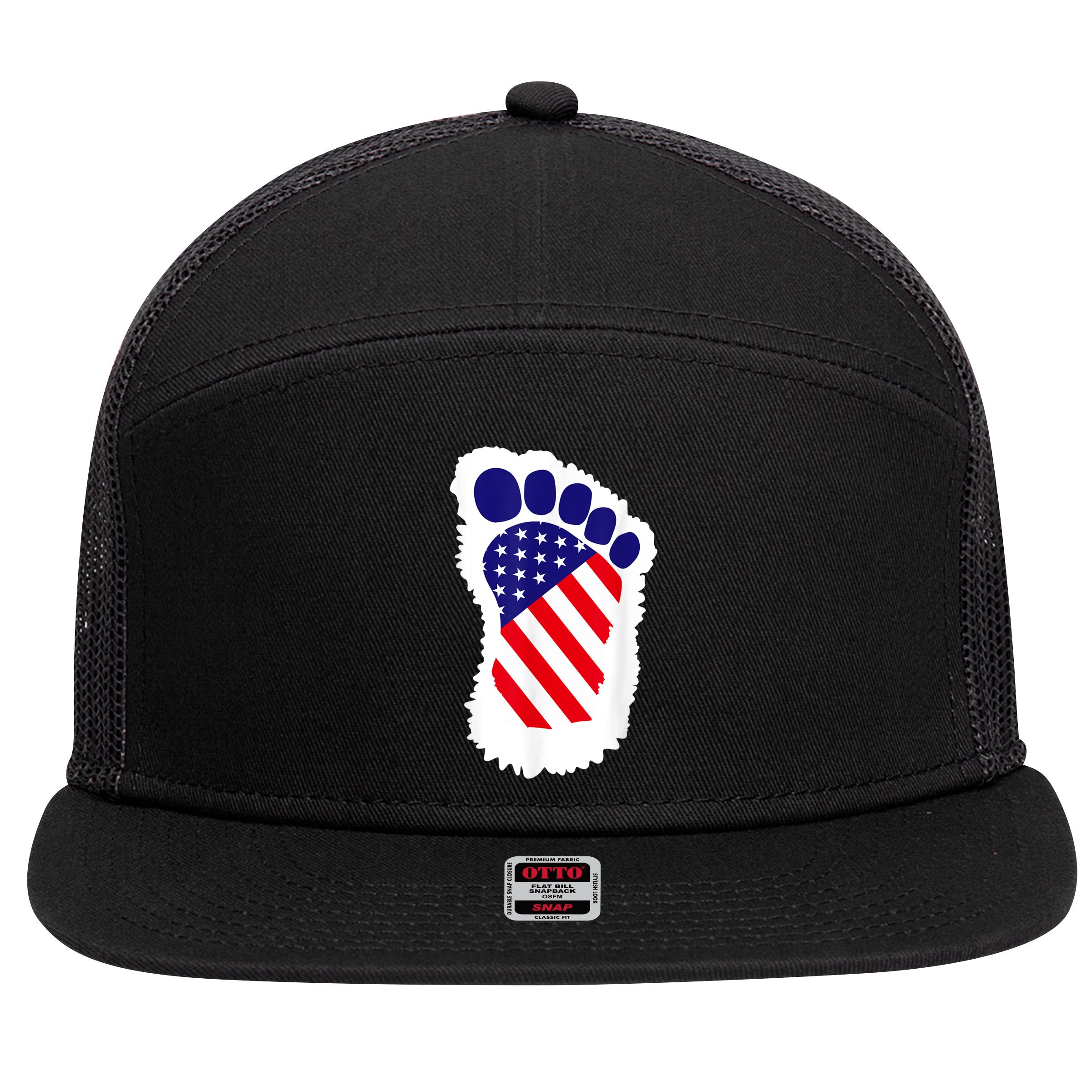 Bigfoot 4th Of July Bigfoot American Flag 7 Panel Mesh Trucker Snapback Hat