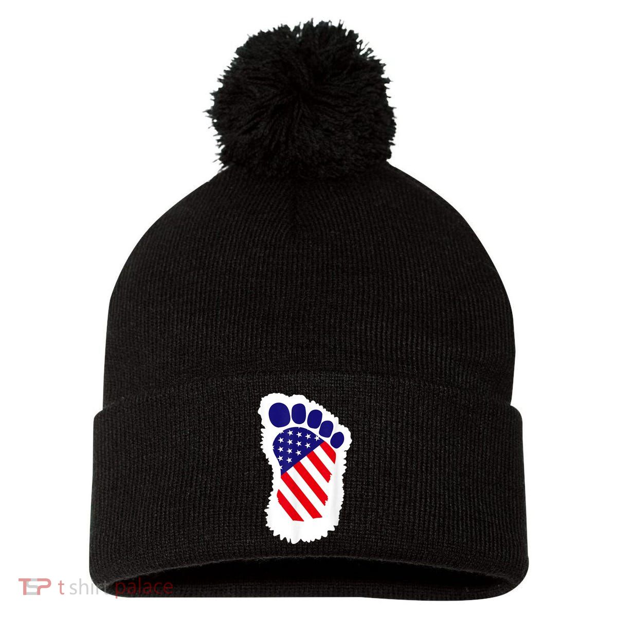 Bigfoot 4th Of July Bigfoot American Flag Pom Pom 12in Knit Beanie