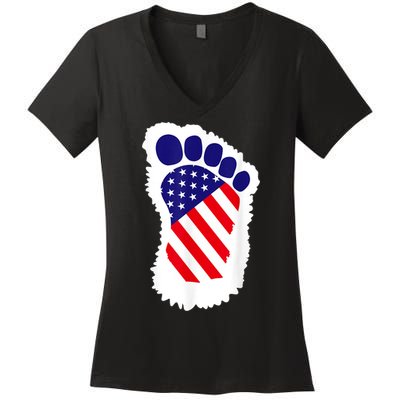 Bigfoot 4th Of July Bigfoot American Flag Women's V-Neck T-Shirt