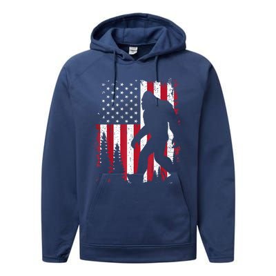 Bigfoot 4th Of July American Usa Flag Patriotic Performance Fleece Hoodie