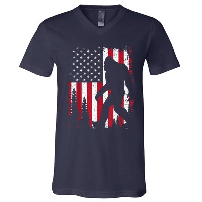 Bigfoot 4th Of July American Usa Flag Patriotic V-Neck T-Shirt