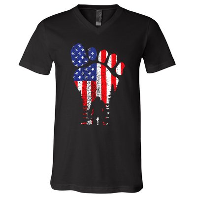 Bigfoot 4th Of July Sasquatch American Flag Patriotic V-Neck T-Shirt