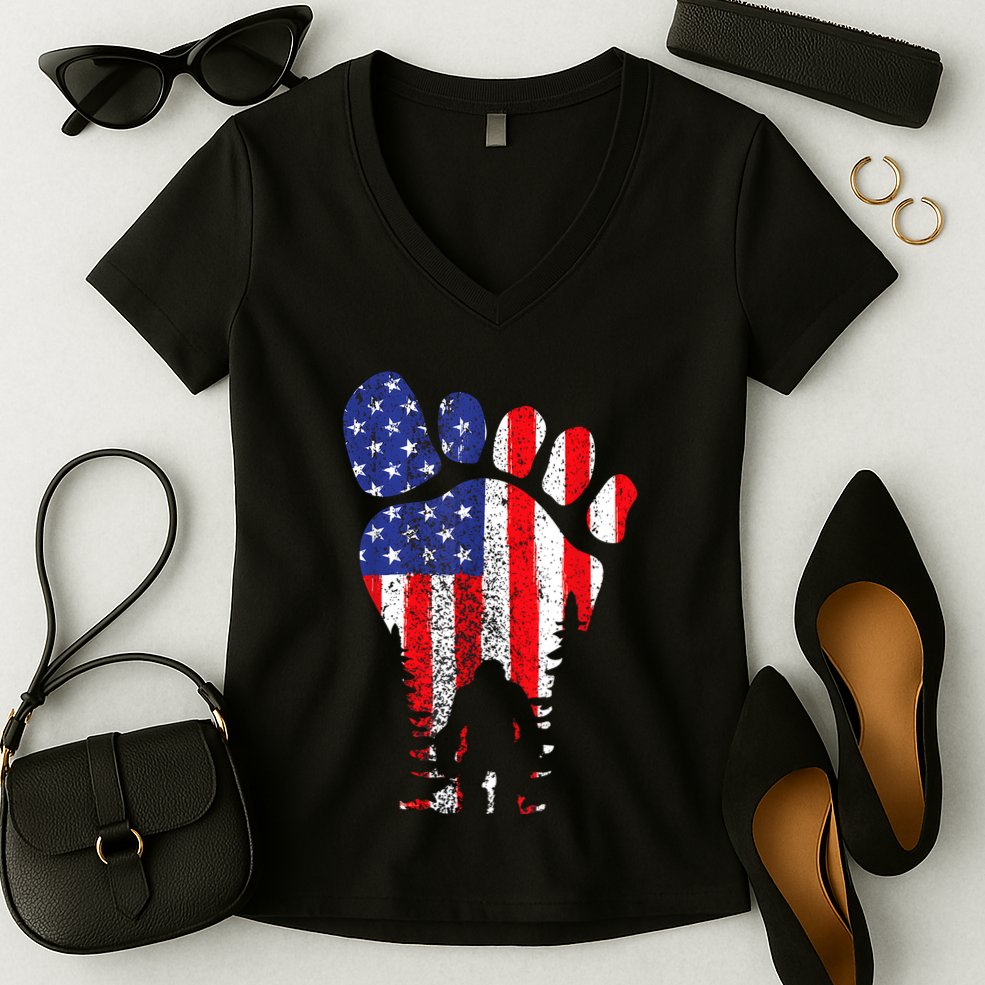 Bigfoot 4th Of July Sasquatch American Flag Patriotic Women's V-Neck T-Shirt