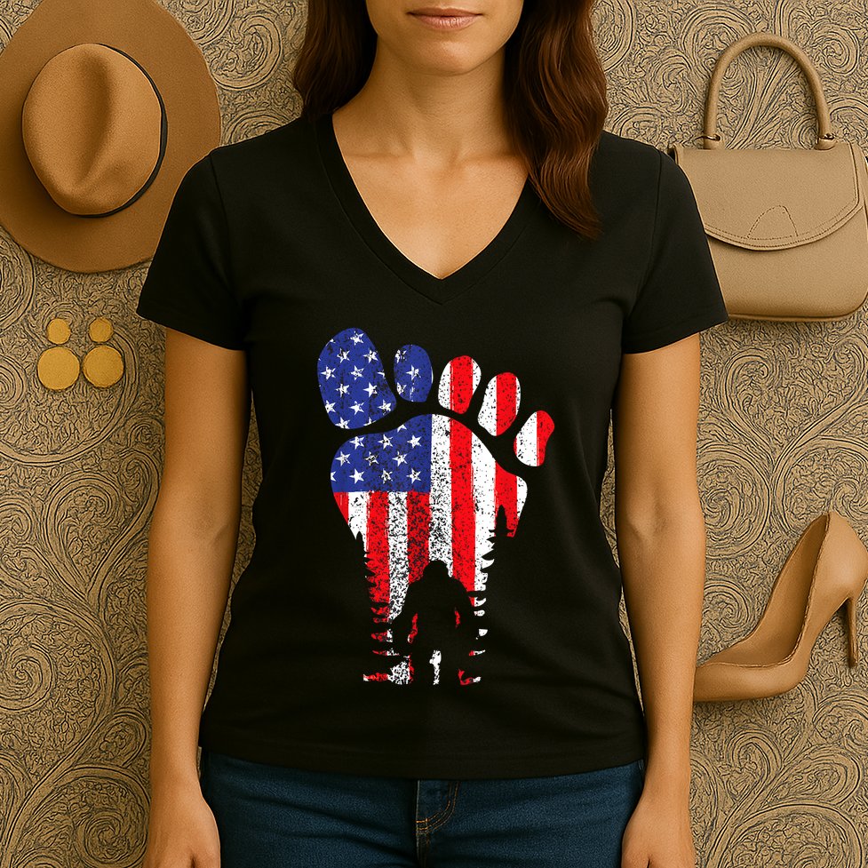Bigfoot 4th Of July Sasquatch American Flag Patriotic Women's V-Neck T-Shirt