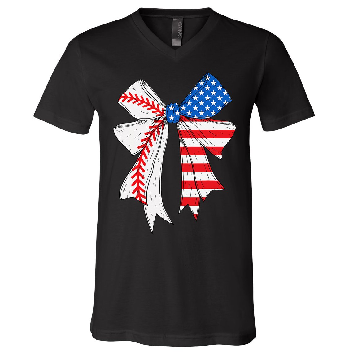 Baseball 4th Of July Coquette Bow Women Baseball Mom V-Neck T-Shirt