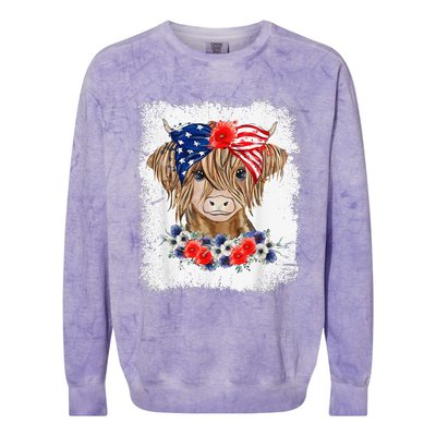 Bleached 4th Of July Long Haired Calf USA Patriotic Cow Colorblast Crewneck Sweatshirt