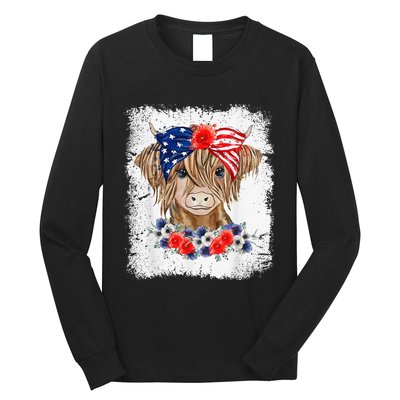 Bleached 4th Of July Long Haired Calf USA Patriotic Cow Long Sleeve Shirt