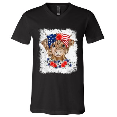 Bleached 4th Of July Long Haired Calf USA Patriotic Cow V-Neck T-Shirt