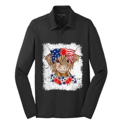 Bleached 4th Of July Long Haired Calf USA Patriotic Cow Silk Touch Performance Long Sleeve Polo