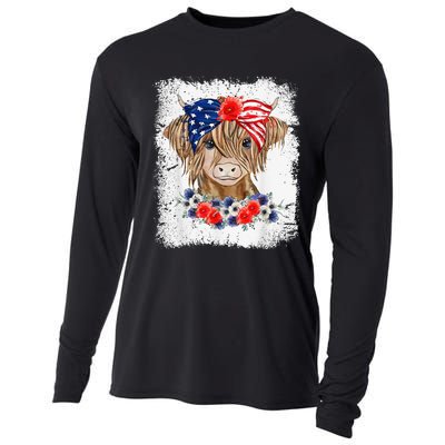 Bleached 4th Of July Long Haired Calf USA Patriotic Cow Cooling Performance Long Sleeve Crew