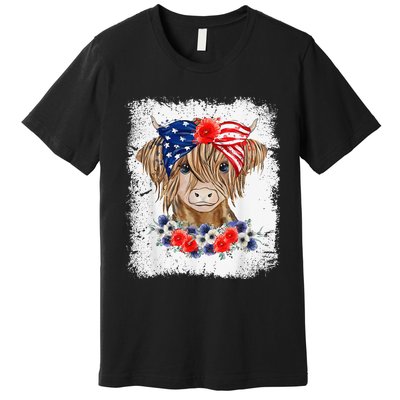 Bleached 4th Of July Long Haired Calf USA Patriotic Cow Premium T-Shirt