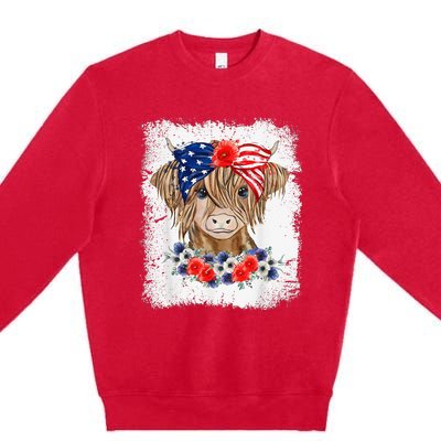 Bleached 4th Of July Long Haired Calf USA Patriotic Cow Premium Crewneck Sweatshirt