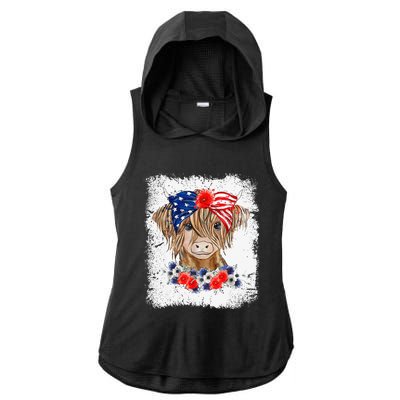 Bleached 4th Of July Long Haired Calf USA Patriotic Cow Ladies PosiCharge Tri-Blend Wicking Draft Hoodie Tank