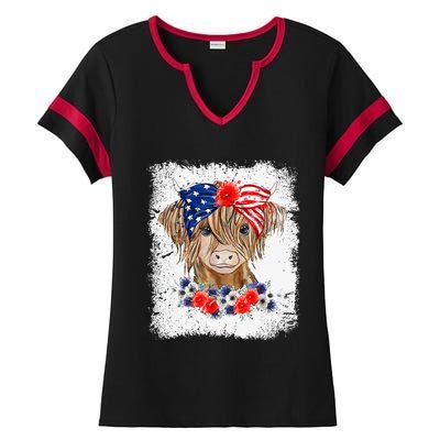 Bleached 4th Of July Long Haired Calf USA Patriotic Cow Ladies Halftime Notch Neck Tee