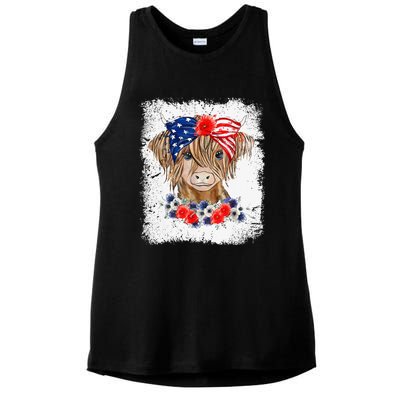 Bleached 4th Of July Long Haired Calf USA Patriotic Cow Ladies PosiCharge Tri-Blend Wicking Tank