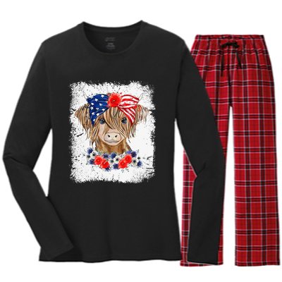 Bleached 4th Of July Long Haired Calf USA Patriotic Cow Women's Long Sleeve Flannel Pajama Set 