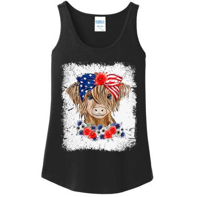 Bleached 4th Of July Long Haired Calf USA Patriotic Cow Ladies Essential Tank