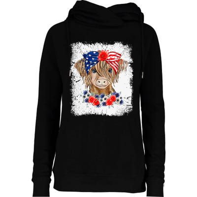 Bleached 4th Of July Long Haired Calf USA Patriotic Cow Womens Funnel Neck Pullover Hood