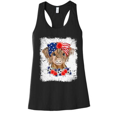 Bleached 4th Of July Long Haired Calf USA Patriotic Cow Women's Racerback Tank